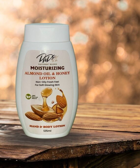 DnDs Almond & Honey Moisturizing Lotion bottle on white background – nourishing body lotion for soft, glowing skin